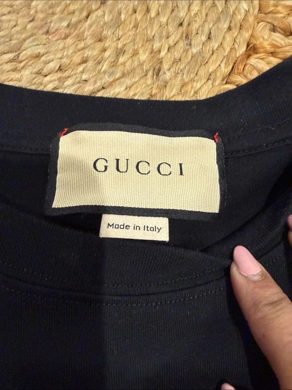 Gucci Black Short Sleeve Tee with Pink & Yellow Logo